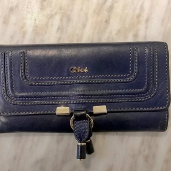 Authentic CHLOE Marcie Continental Navy & Gold Leather Wallet - Picture 2 of 7